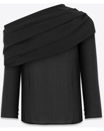 Saint Laurent Draped One-shoulder Blouse In Silk Muslin - Black