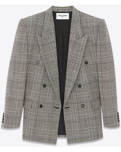 Saint Laurent Wool Oversized Prince Of Wales Check Blazer - Gray