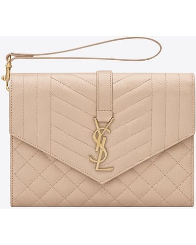Saint Laurent Envelope Quilted Textured-leather Pouch - Natural
