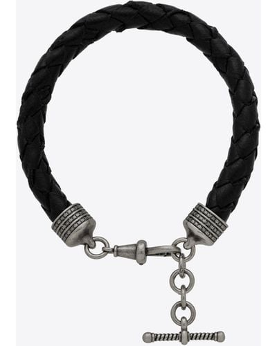 Saint Laurent Viktorianisches kordelarmband aus leder und metall mit t-verschluss. - Schwarz