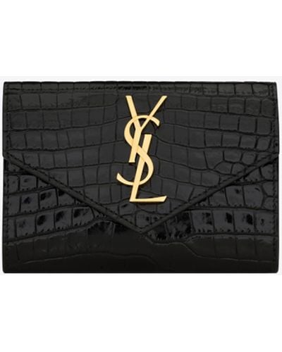 UPTOWN FLAP card case in crocodile-embossed shiny leather, Saint Laurent