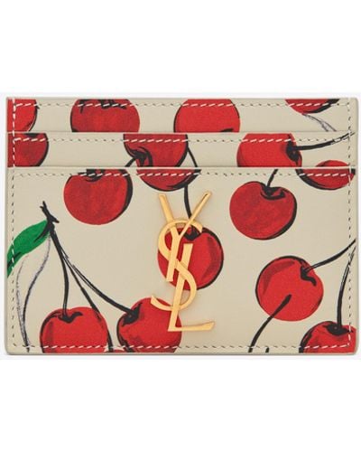 Saint Laurent Monogram Card Case In Cherry-print Leather - Red