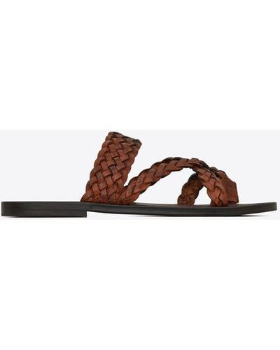 Saint Laurent Neil Slides In Braided Leather - Brown