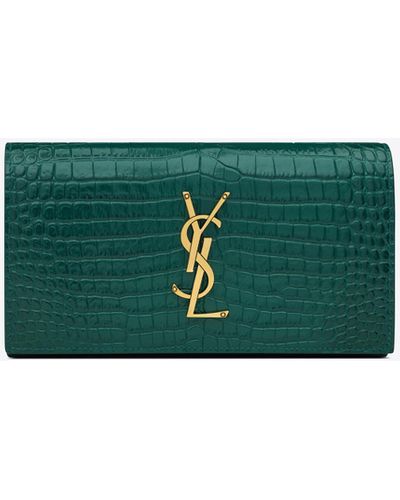 Saint Laurent Cassandre Large Flap Wallet In Crocodile-embossed Shiny Leather - Green