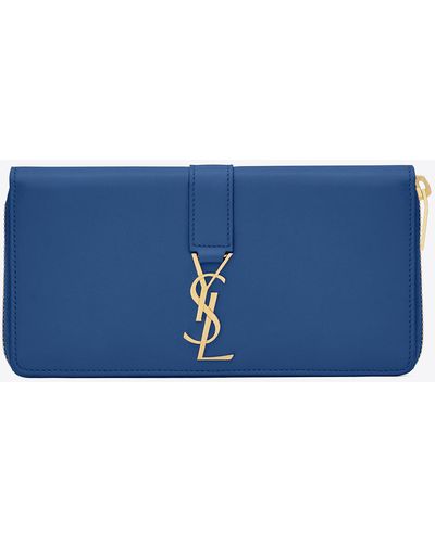 Saint Laurent Ysl Zip Around Wallet In Royal Blue Leather