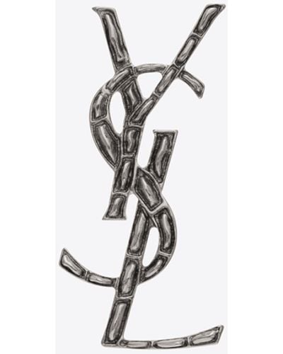 Saint Laurent Monogram-shaped Silver Opyum Brooch In Brass With Crocodile Texture. - Metallic