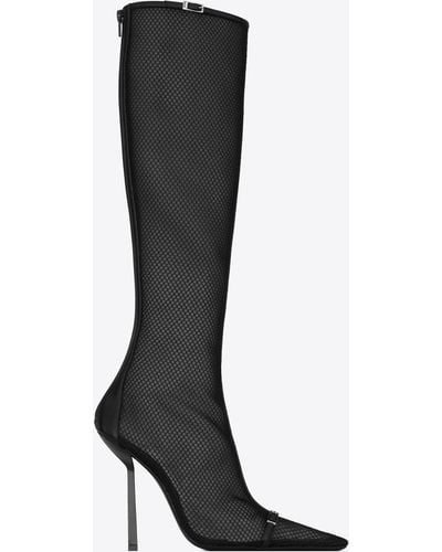 Saint Laurent Oxalis Buckle-embellished Leather-trimmed Mesh Knee Boots - Black