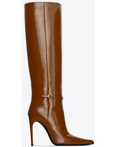 Saint Laurent Vendôme Buckled Glossed-leather Knee Boots - Brown