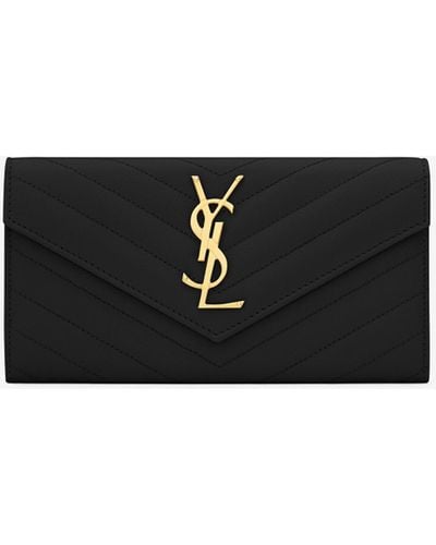 Saint Laurent Ysl Monogramme Flap Wallet Grain De Poudre Leather Nero - Black