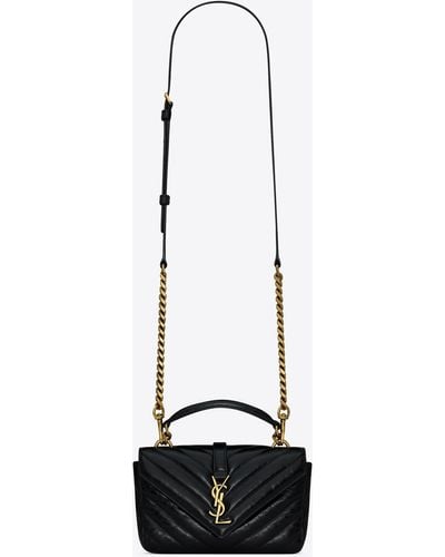 Saint Laurent College Mini Chain Bag In Shiny Crackled Leather - White