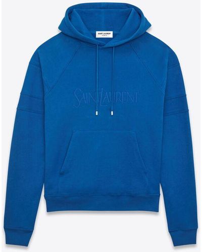 Saint Laurent Men Logo-embroidered Cotton Hoodie - Blue