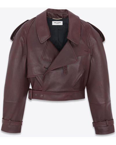 Saint Laurent Cropped Trench In Shiny Lambskin - Red