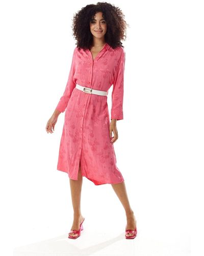 Liquorish Flamingo Print Midi Shirt Dress With Belt - Pink