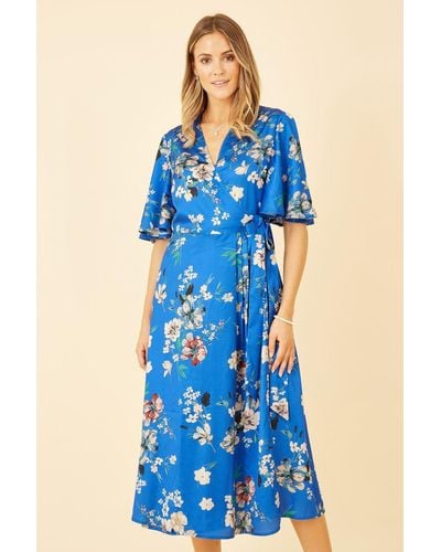 Yumi' Floral Satin Wrap Dress - Blue