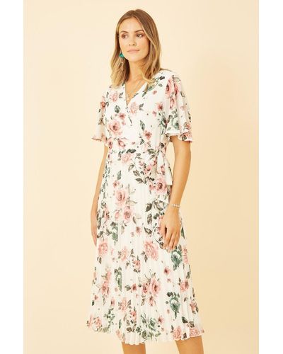 Yumi' Ivory Floral Pleated Wrap Midi Dress - Natural