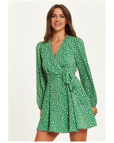 Liquorish Animal Print Mini Wrap Dress With Long Sleeves - Green