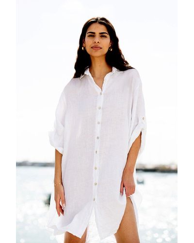 Yumi' Linen Relaxed Fit Longline Shirt - White