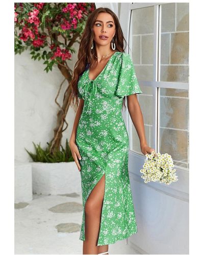 FS Collection Floral Print Angel Sleeve Midi Dress - Green