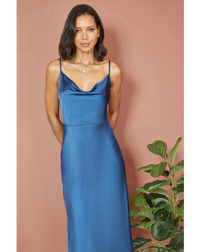 Yumi' Satin Cowl Neck Midi Slip Dress - Blue