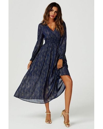 FS Collection Stripe Foil Long Sleeve Maxi Dress - Blue