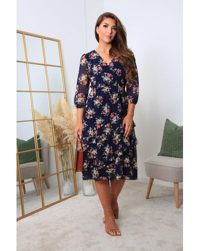 Double Second Printed Wrap Dress With Tiered Frill Detail - Blue