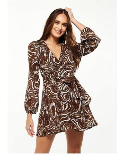 Liquorish Scribble Print Mini Wrap Dress With Long Sleeves - Brown