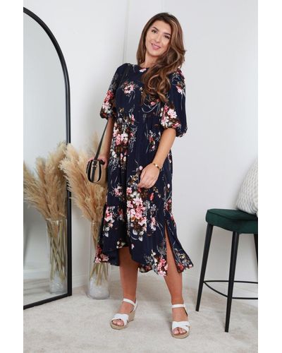 Double Second Floral Printed A-Line Tiered Dress - Blue