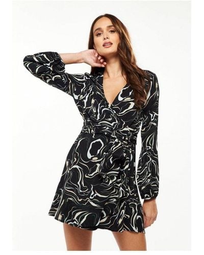 Liquorish Scribble Print Mini Wrap Dress With Long Sleeves - Black