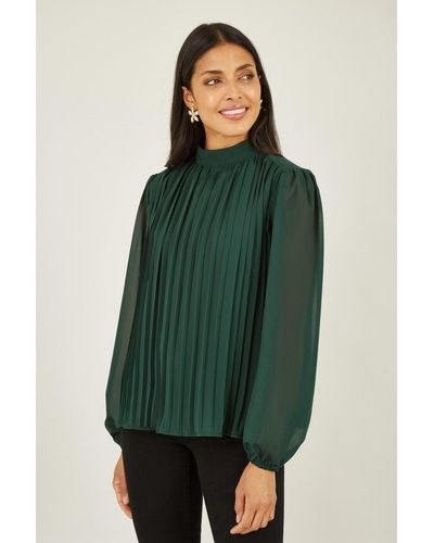 Mela London Mela Pleated Long Sleeve Top With High Neck - Green