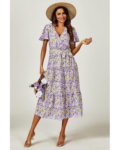 FS Collection Floral Print Hem Tiered Wrap Midi Dress - Purple