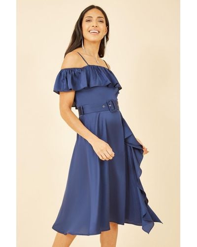 Yumi' Bardot Satin Frill Dress With Belt - Blue