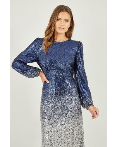Yumi' And Sequin Ombre Long Sleeve Midi Dress - Blue