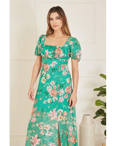Yumi' Recycled Floral Print Square Neck Maxi Dress With Split Hemline - Green