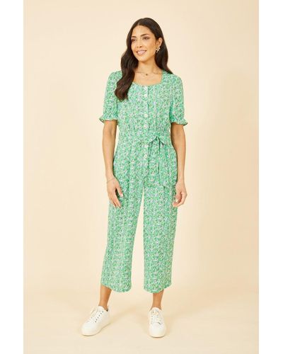 Yumi' Floral Puff Sleeve Jumpsuit - Green