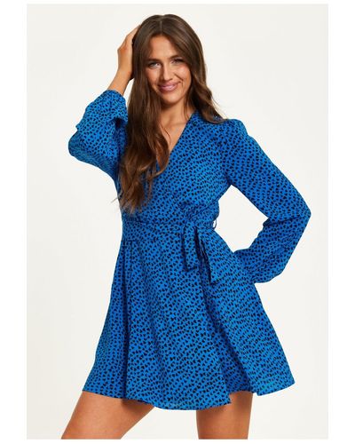 Liquorish Heart Print Mini Wrap Dress With Long Sleeves - Blue