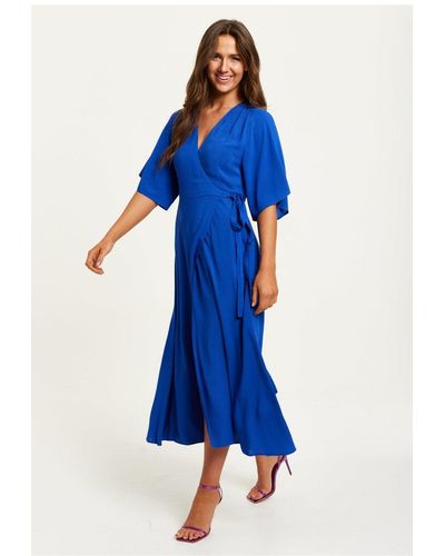 Liquorish Royal Maxi Wrap Dress With Kimono Sleeves - Blue