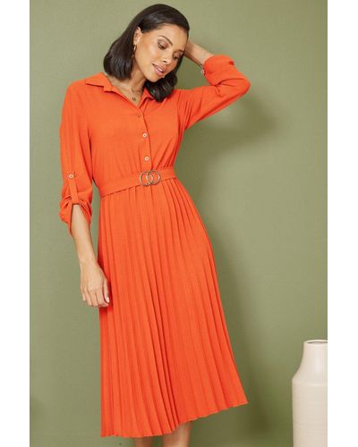 Mela London Mela Burnt Pleated Skirt Midi Dress With Buckle - Orange