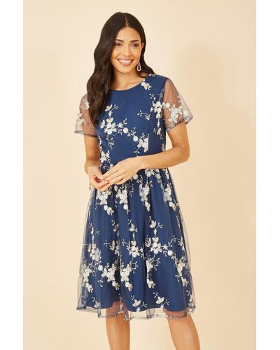 Yumi' Embroidered Floral Skater Dress - Blue