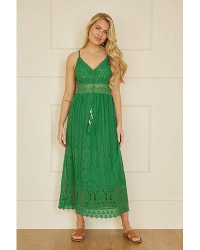 Yumi' Lace Midi Sundress With Tassel Tie And Ruched Back - Green