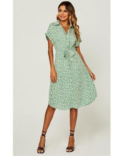 FS Collection Relaxed Floral Print Button Down Midi Shirt Dress - Green