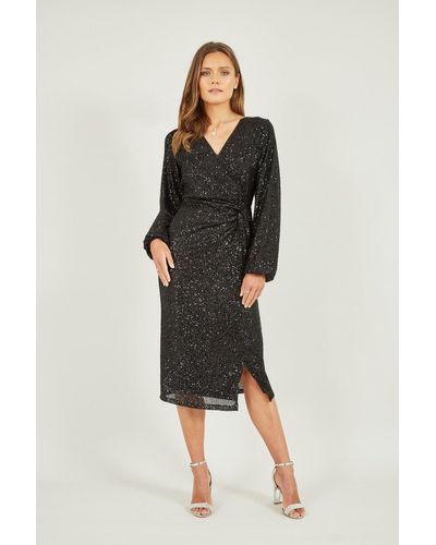 Yumi' Sequin Ruched Wrap Long Sleeve Dress - Black