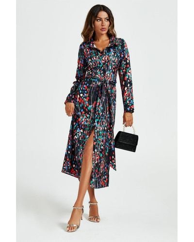 FS Collection Abstract Floral Print Shirt Midi Wrap Dress - Blue