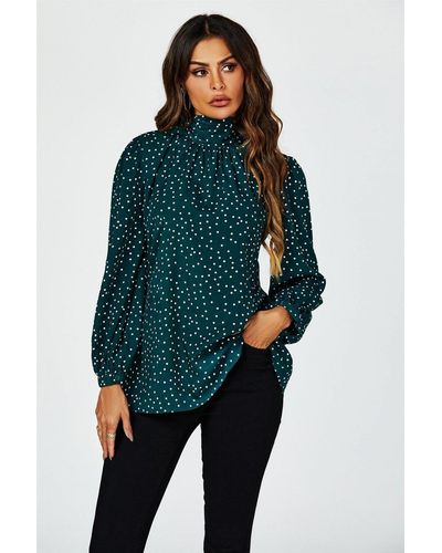 FS Collection Polka Dot Print Long Sleeve Back Tie Blouse Top - Green