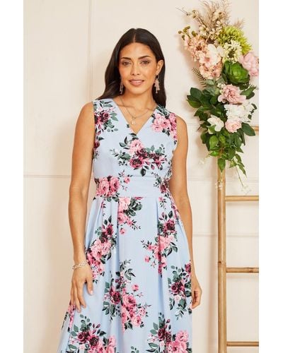 Mela London Mela Rose Printed Wrap Over Sleeveless Skater Dress - Blue