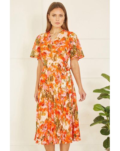 Yumi' Floral Midi Wrap Pleated Dress - Orange