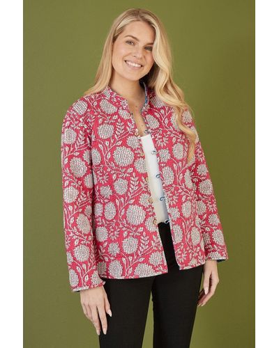 Yumi' Floral Print Reversible Cotton Quilted Jacket - Pink