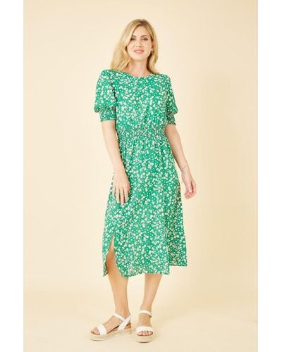 Mela London Mela Floral Print Ruched Waist Midi Dress - Green
