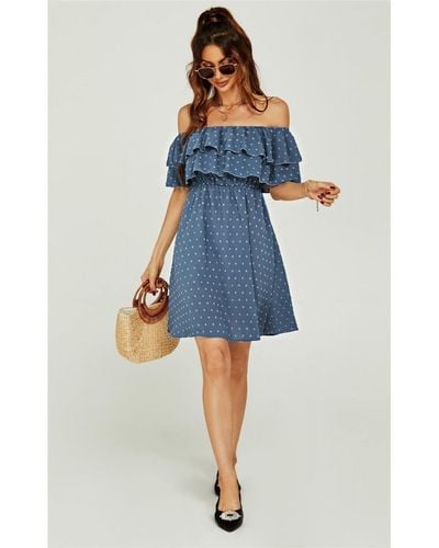 FS Collection Bardot Frill Mini Dress - Blue