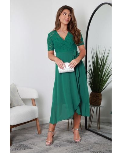 Double Second Lace And Chiffon High Low True Wrap Dress - Green