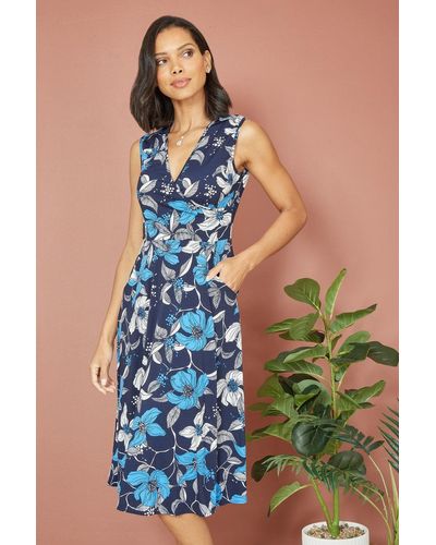 Mela London Mela Floral Print Stretch Wrap Over Midi Dress With Pockets - Blue